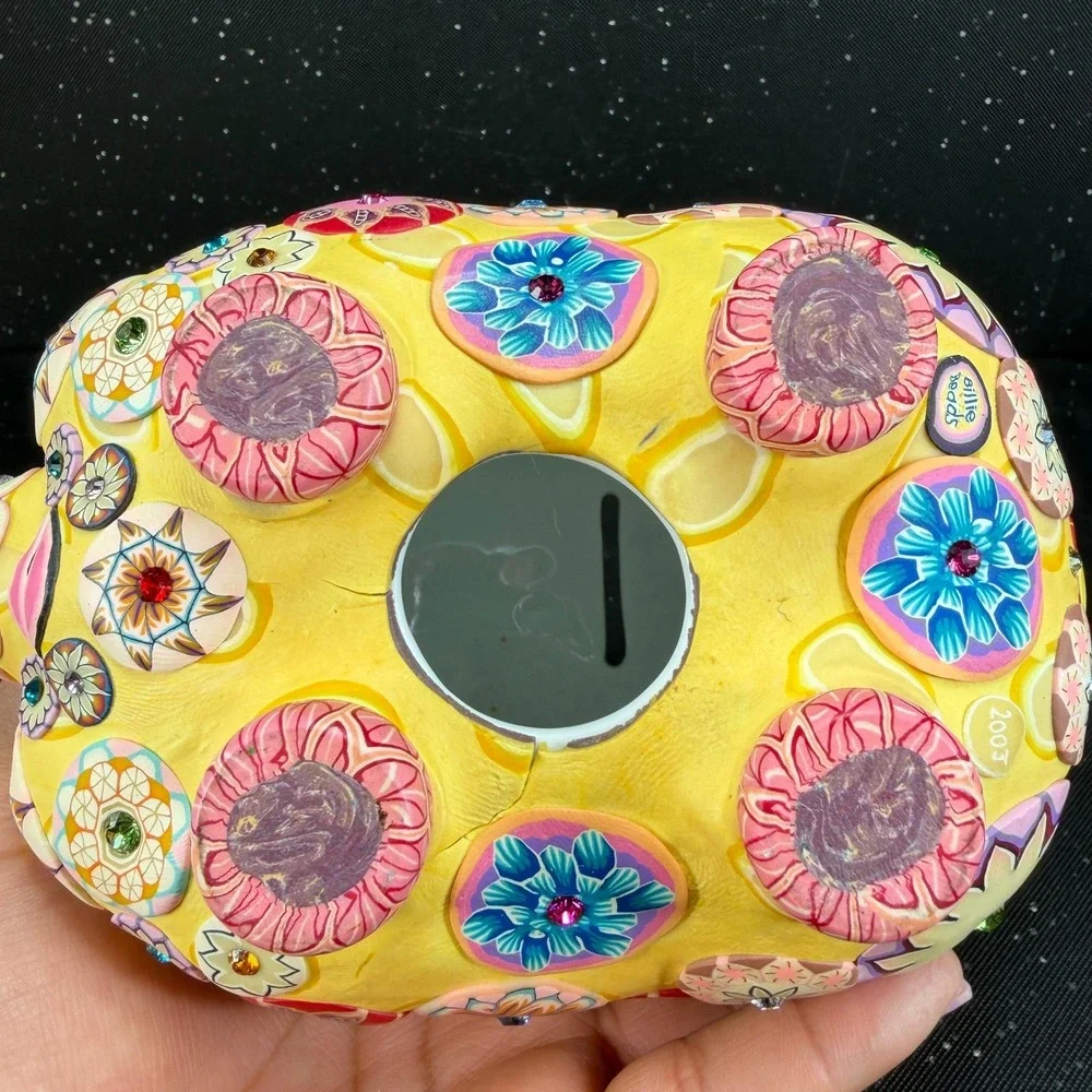 Billie Beads 2003 Handcrafted Piggy Bank Yellow Floral Millefiori Rhinestone 7in
